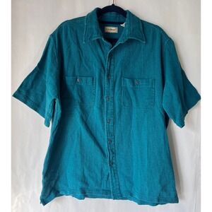 L.LBean Teal Textured Cotton Short Sleeve‎ Button Up Shirt Men's Size L